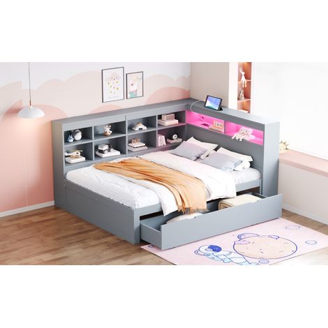 Lit en bois massif double 140x200cm, gris, avec grands tiroirs, prises USB, éclairage LED, étagères et rangements, lit multifonctionnel avec espace de stockage spacieux. (1/5)