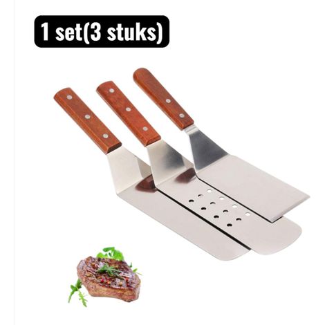 Lot de 3 spatules de cuisine en acier inoxydable avec manches en bois pour cuisson à la poêle utilisation au four préparation et service des aliments couleur argentée (1/5)
