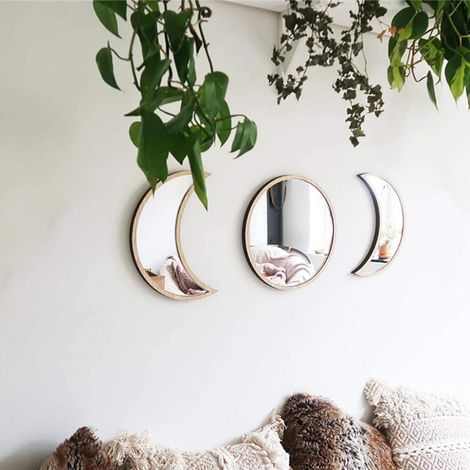 Miroir Phase Lunaire - Décoration Murale en Acrylique et Bois Imitation - Set de 3 Pièces pour Intérieur Bohème (1/4)