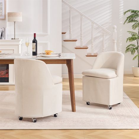 Lot de 2 Chaises de Salle à Manger - 53.5x53cm - Fauteuil Rembourré en Chenille avec Roulettes et Housse Amovible - Beige (1/5)
