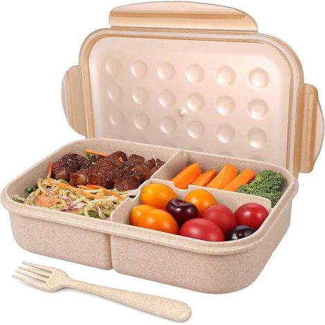 Boîte à lunch Bento pour les repas, 3 compartiments, étanche, compatible micro-ondes, avec couverts.-AquaForge (1/5)