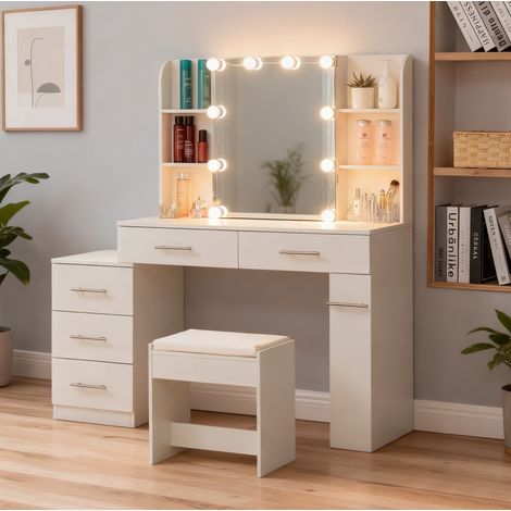 Coiffeuse avec miroir coulissant, LED, 3 tiroirs, étagères d'angle, MDF blanc, REDOM (1/5)