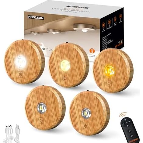 Lot de 5 lampes palets sans fil avec télécommande, 2200 mAh, rechargeables, 3 températures de couleur, intensité variable, sous armoire, placard, robinet pour couloir (bois, 5 pièces)