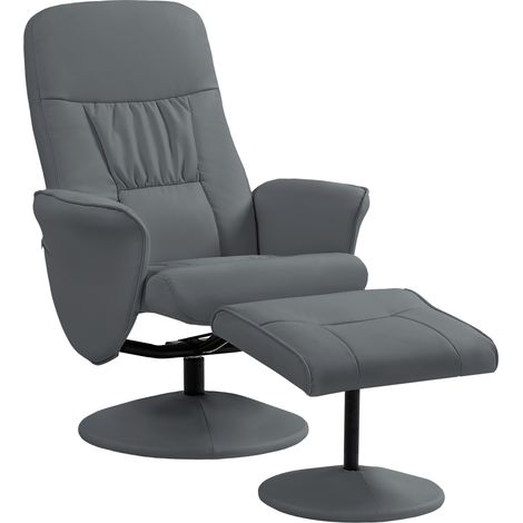 Swivel Recliner Chair with Footstool, PU Lear Armchair and Ottoman with High Back and Round Base for Living Room, Grey (1/5)