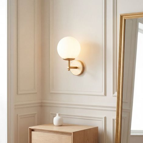 Wandleuchte Metall Glas E27 24 cm hoch in Gold Weiß Kugel Schirm Retro Design Wandlampe