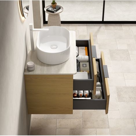 Mobile lavabo sospeso con lavabo ovale in ceramica, piano in travertino, 2 cassetti, rovere beige, bianco