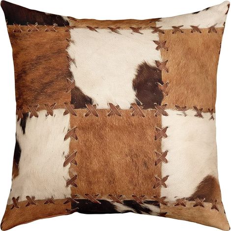 Housse de coussin en cuir de vache 50x50 cm,Motif patchwork en fourrure de vache,Taie d'oreiller carrée,Pour la maison, le lit, le canapé, les animaux de la ferme,Taie d'oreiller,Marron et blanc (1/5)