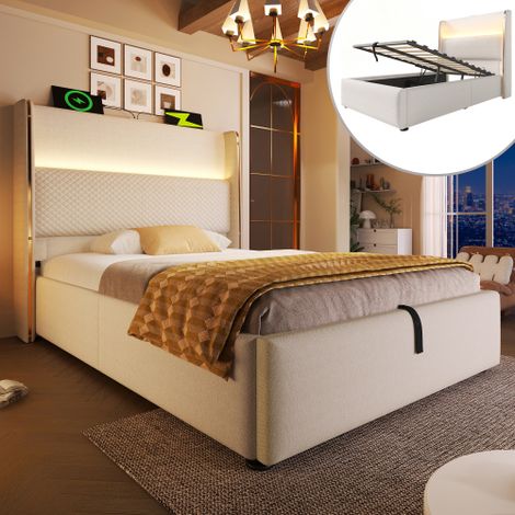 Modernes Hydraulisches Bett mit Hohem Kopfteil, Einzelbett mit LED-Beleuchtung, Stauraum & USB/Type-C-Anschlüssen, in Leinen Optik Beige (Ohne Matratze)
