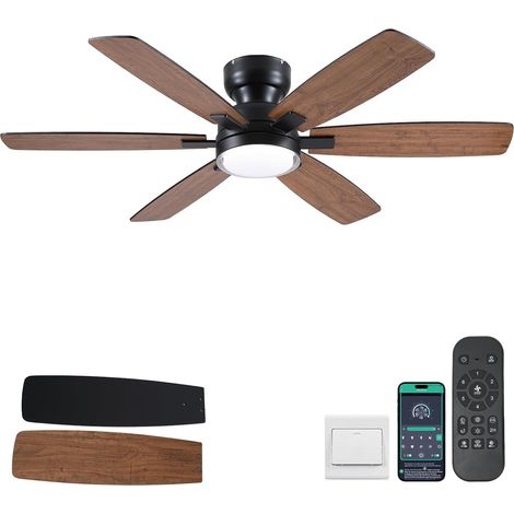 Ventilateur de plafond 132 cm avec lumière, bas profil encastrable, télécommande et APP, 6 pales réversibles, 3 températures de couleur dimmables pour salon, marron (1/5)