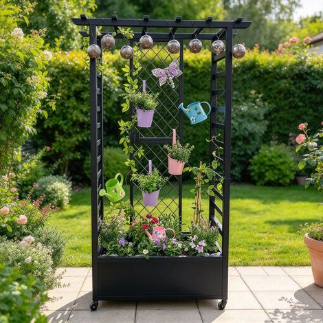 Jardinière surélevée avec treillis grimpant et toit suspendu, bac de plantation en métal résistant aux intempéries avec 4 roulettes et 2 treillis latéraux pour plantes grimpantes, brise-vue mobile pou (1/5)