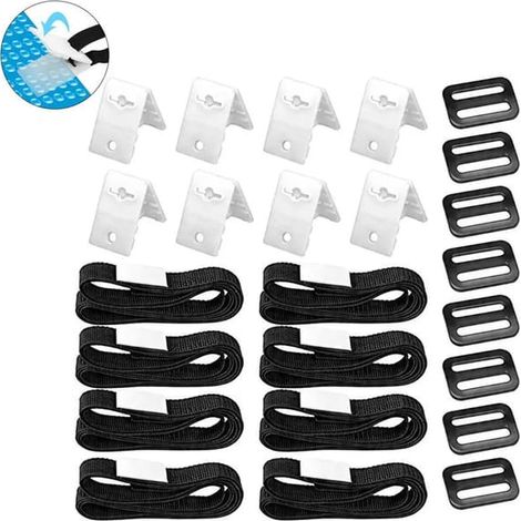 Kit de fixation pour couverture de piscine, 24 pièces, comprenant un rouleau de couverture de piscine avec ficelle, une sangle de fixation pour couverture solaire de piscine et des boucles. (1/5)