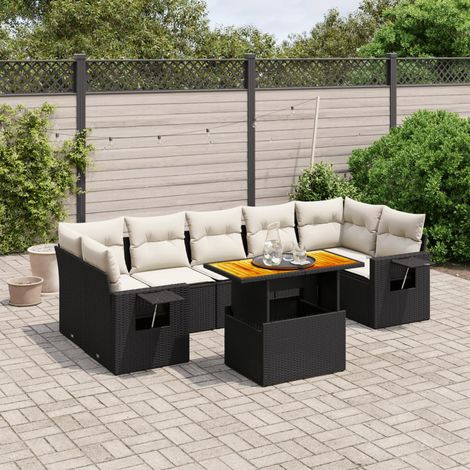 Ensemble de jardin 8 places en résine tressée noir avec table extensible et coussins déhoussables - Salon extérieur modulaire avec repose-bois (1/3)