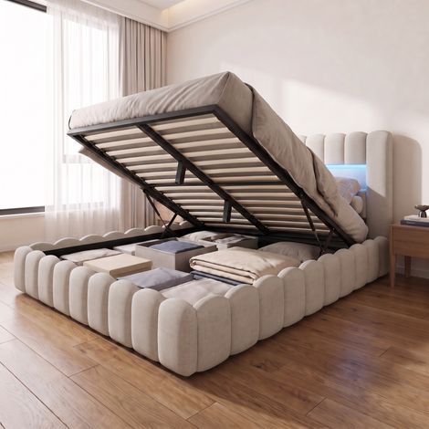 Lit coffre 160x200 cm avec sommier, lit double capitonné en lin, éclairage LED & USB/Type-C, lit adulte hydraulique, style scandinave, Beige