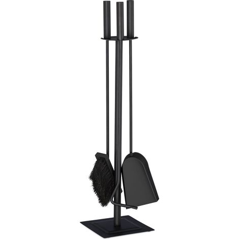 Relaxdays Kit de accesorios para chimenea, Atizador, Escoba, Recogedor & Soporte, Moderno, Negro (1/5)