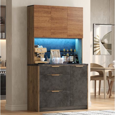 Aparador alto de cocina LED RGB con enchufes, 4 puertas, 3 cajones, MDF, 100x40x180 cm, OKWISH (1/5)