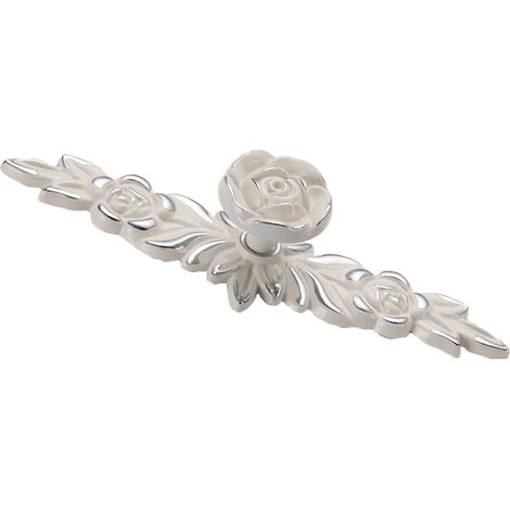 Poignée de tiroir fleur vintage Euro Rose en alliage de zinc 3D, ivoire avec finition argentée, pour cuisine, chambre et salle de bain. (1/5)