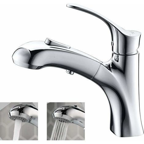 RHG Mitigeur de lavabo Robinet Salle de Bain Avec Douchette Extractible Jets d’Eau Mitigeur Lavabo en Laiton Durable Robinetterie Vasque à Poser Chromé (1/5)