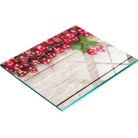 Tabla de cocina de vidrio templado con estampado de cerezas sobre madera, 60x52 cm. (1/5)