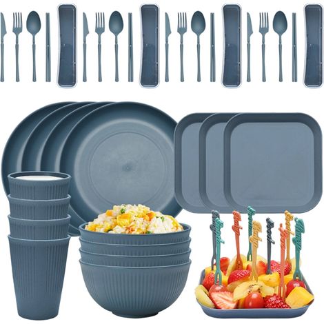 Ensemble d\'assiettes écologiques, vaisselle en paille de blé, bol Ramen, assiettes à dîner, 48 pièces - Bleu