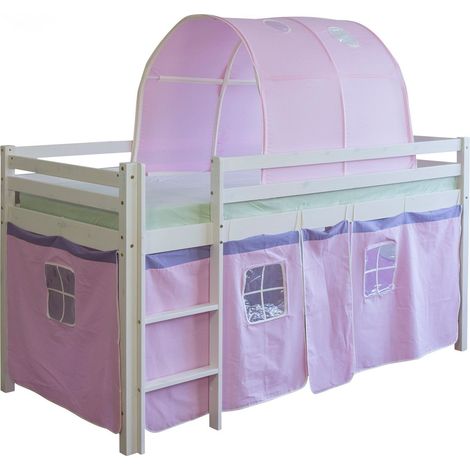 Lit mezzanine 90x200cm avec échelle en bois blanc toile et tunnel rose LIT06101 (1/5)