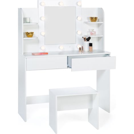 Idmarket – Coiffeuse enfant ZELIA blanche – Miroir LED 10 lumières – 2 tiroirs et 2 étagères – Dimensions 108x40x141 cm