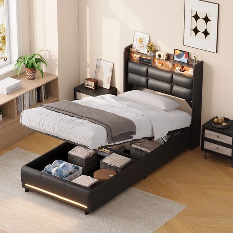 Lit Coffre 90x200 en Simili Cuir avec LED RGB - Lit Simple avec Prise EU, USB, Type-C et Tête de Lit Rangement Ouvert & Caché - Noir (1/5)