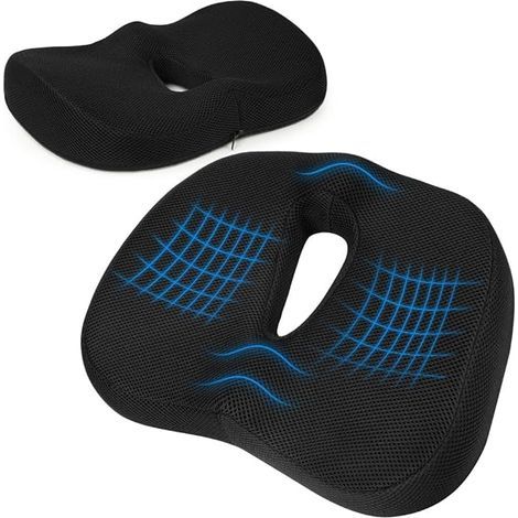 Coussin de siège respirant et antidérapant pour chaise de bureau, ordinateur et voiture, coussin coccygien pour le bas du dos, housse amovible et lavable, noir (1/5)