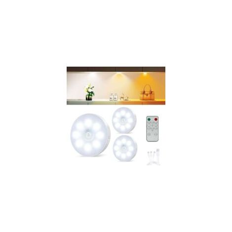 Wiederaufladbare USB-Bewegungsmelder-Innenleuchte, 3er-Pack kabellose Schrankleuchte, einstellbare Helligkeit mit 3 Farben, LED-Nachtlicht mit Fernbedienung für Schlafzimmer, Küche, Treppenhaus, Flur (1/4)