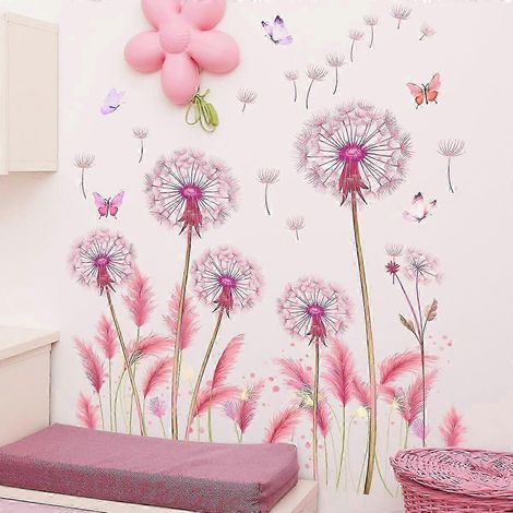 Ensemble de 3 stickers muraux pour chambre d'enfant, 30 x 90 cm, avec des motifs de plantes, de fleurs et de papillons, convenant au salon et à la chambre, dans des tons roses. (1/5)