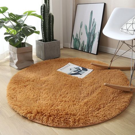 Tapis Rond, à Poils Longs, 120cm X 120cm, Moderne, pour Salon, Chambre à Coucher, Salle à Manger ou Chambre d'enfant, Tapis de Sol Shaggy Confortable Moquette Anti-dérapage, Jaune d'or 120cm X 12 (1/3)
