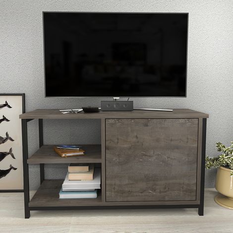 Meuble TV Muskegon 90 cm Placard et Étagères ouvertes (Noir et Wenge)