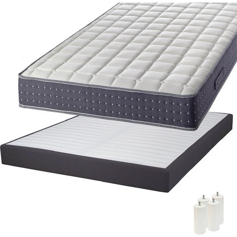 SILHOUETTE - Pack Matelas 140x190 + Sommier Tapissier Démontable 2x20 Lattes Anthracites + Pieds Blancs 15cm (1/5)