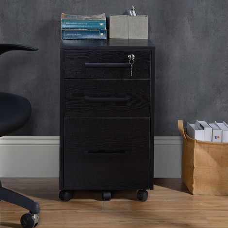 Archivador de oficina con 3 cajones con cerradura, de madera, negro, 39,2 x 40 x 65,4 cm.