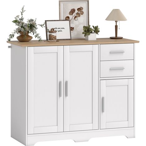 Credenza da soggiorno, mobile contenitore con 2 cassetti, 3 ante e ripiano regolabile, 100 x 40 x 78 cm, bianco e legno naturale