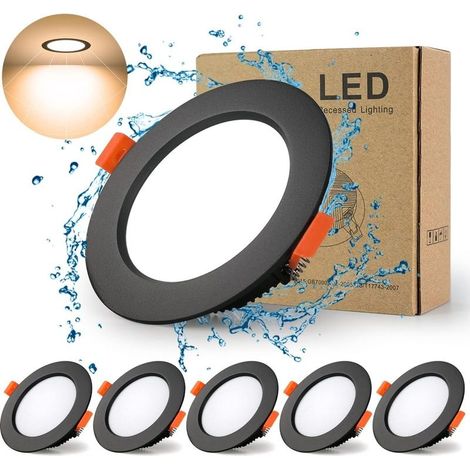 Spot Led Encastrable Noir Extra Plat, 5 Pack 7W 700LM = 70W incandescence, IP44, 3000K Blanc Chaud, AC 220-240V,Découpe 70-85mm,Rond ultraslim plafond encastré Pour salle de bain,Cuisine,Salon (1/5)