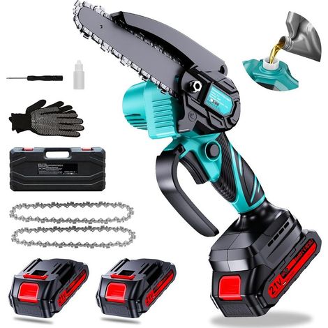 1 Mini-Kettensäge, 15 cm, 550-W-Motor, 2 x 2,0-Ah-Akkus, selbstschmierend, für den Garten.