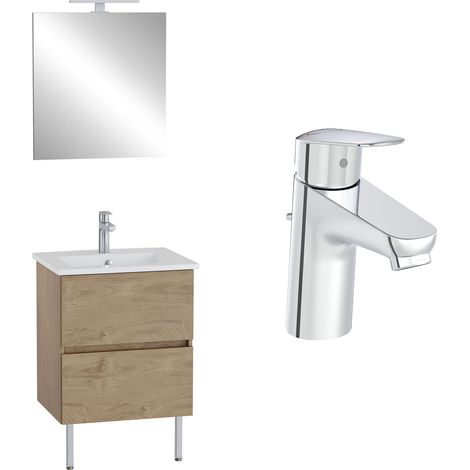 VitrA Pack meuble 60cm chêne doré 2 tiroirs Mia Plus Square, plan céramique, miroir avec éclairage, mitigeur et vidage (1/5)
