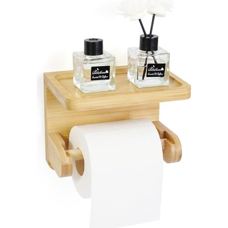 1 Porte-Papier Hygiénique Bois, Bambou Naturel, Plateau Rangement, Installation Adhésive Ou Vis, Pour Salle De Bains (1/5)