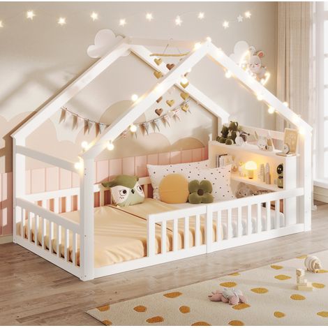 Lit cabane enfant 90 x 190 cm avec barrières et rangements latéraux, pin, blanc, REDOM (1/5)