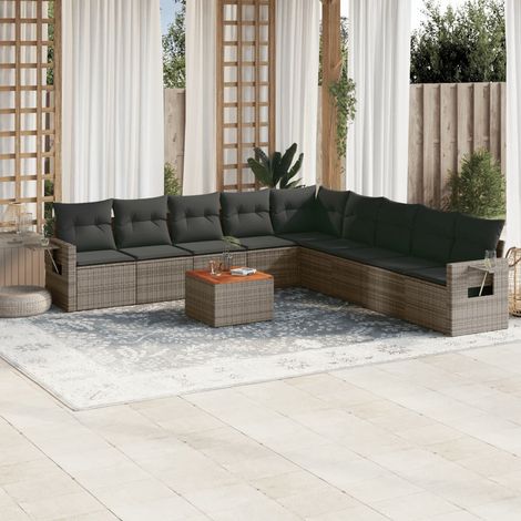 Canapé d'extérieur modulaire 10 places, gris résine tressée + table en acacia avec 10 coussins lavables, L70 cm (1/5)