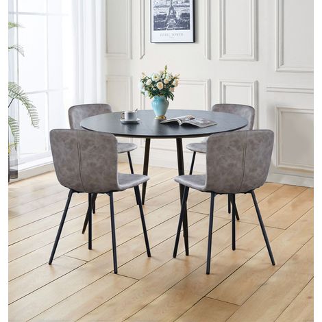 Hallowood Furniture Cullompton Round Dining Table and Chairs Set 4, Black Wooden Effect Kitchen Table and Chairs in Taupe Faux Leather Upholstery for Home or Café Furniture (1.2m) (1/5)