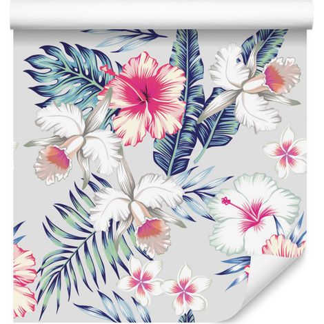 Carta da parati con fiori e foglie esotiche per soggiorno e camera da letto, 50x1000 cm (1/5)