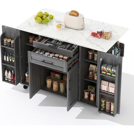 Îlot de cuisine mobile 120×45 cm, chariot de cuisine, plan de travail extensible jusqu’à 70 cm, tiroir à couverts dissimulé, étagères réglables, porte-épices et porte-serviettes, adapté à la cuisine, (1/5)
