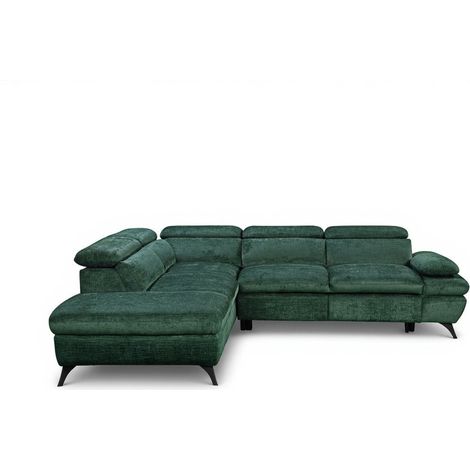 Canapé d'angle convertible avec coffre en velours chiné vert LUFY - Angle gauche (1/5)