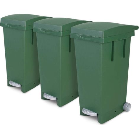 BRB Set, 3x 80 Liter Abfallbehälter mit Rollen, grün, Fußpedal, selbtschließender Deckel, Klemmring für Müllsäcke