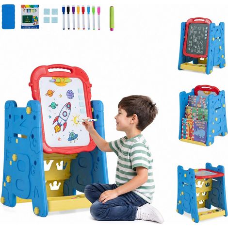 Chevalet enfant bleu 3 en 1 en PP avec tableau magnétique double face, hauteur réglable et rangement pour chambre et salle de jeux (1/5)