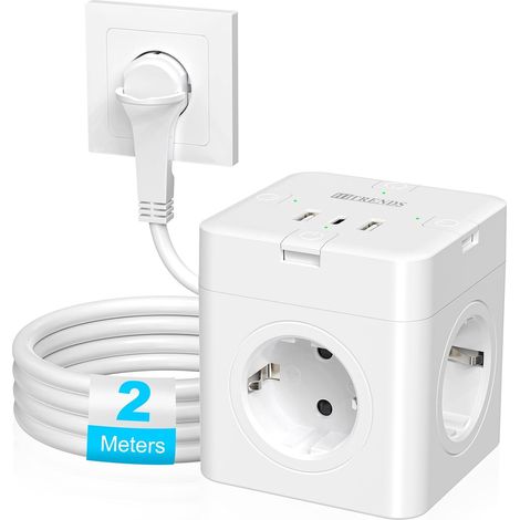 Cube multiprise avec 3 USB, 4 prises plates avec interrupteur individuel, USB C, cube d'alimentation 7 en 1, câble de 2 m, multiprise pour bureau, voyage, blanc (1/5)