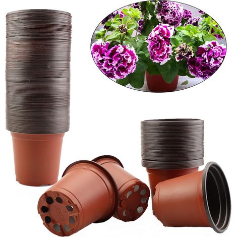 Lot de 100 pots de fleurs en plastique réutilisables pour pépinière, plantes grasses, pots de semis pour plantes d'intérieur ou d'extérieur (9 cm) H225 (1/5)