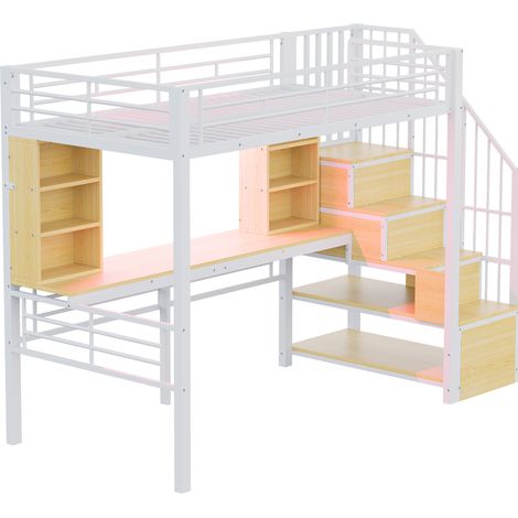 Cama alta 90 x 200 cm con escritorio, estantes, LED y enchufe europeo, metal blanco (1/5)