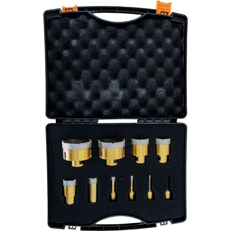 Coffret 10 Trépans Diamantés Meuleuse ø 6, 8, 10, 12, 28, 35, 40, 45, 65, 68 mm - Scie Cloche pour Carrelage - Forets Diamantées - 252055 - Outil de Travail pour Carreleur (1/5)